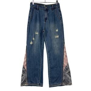 Easel Size S Bellbottom Jeans Flare Leg Patchwork Detail Hippie Boho Distressed